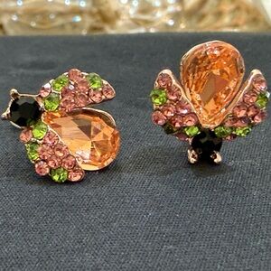 Sparkling Peach Teardrop Crystal Stud Earrings with Pink & Green Accents
